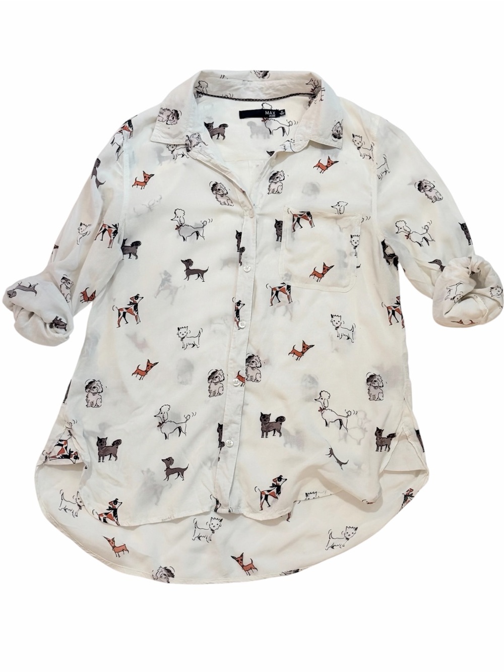 Max Jeans Parisian Pooch Print 3/4 Sleeve Button Up Blouse Size M